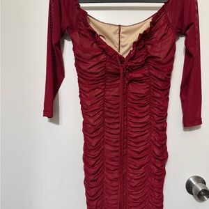 SHEIN Burgundy Ruched Long Sleeve Dress
